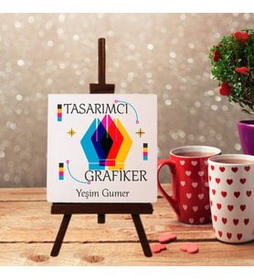 Kişiye Özel Tasarımcı Grafiker Tasarımlı Şövale Ayaklı Dekoratif Doğal Taş (Krem)