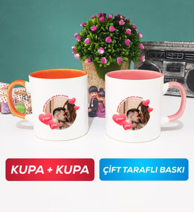 İkili Sevgiliye Sevgililer Günü Hediyesi 8 Kupa Bardak Turuncu Pembe