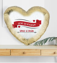BK Gift Kişiye Özel Sevgililer Günü Altın Yaldız Sihirli Kalp Yastık  60