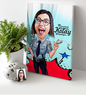 BK Gift Kişiye Özel Bayan Polis Karikatür Kanvas Tablo 30x50cm 1