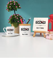 Eczacı Tasarımlı Kişiye Özel Hediye Eczacı Türk Kahvesi Fincanı Kalemlik ve Dekoratif Taş Baskı Seti