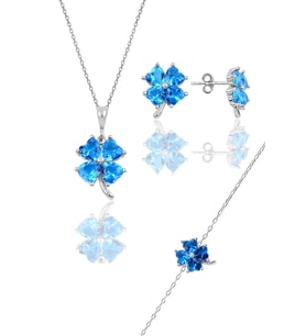 Söğütlü Silver Gümüş rodyumlu akuamarin  renkli yonca modeli üçlü set