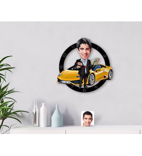 BK Gift Kişiye Özel Plakalı Erkek Lamborghini Karikatürlü Ahşap Duvar Saati-1 (Beyaz)