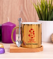 Kadınlar Günü Hediyesi  Ahşap Altlıklı Gold Kupa Bardak