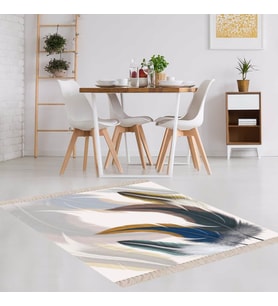Kuş Tüyü Desenli Renk Geçişli Dijital Baskı Yıkanabilir Modern Salon Halı ve Yolluk (Beyaz)