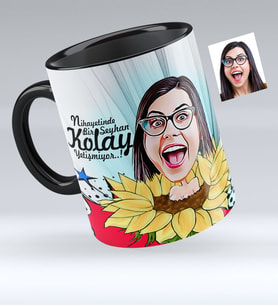 BK Gift Kişiye Özel Bayan Karikatürlü Siyah Kupa Bardak  5