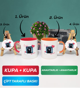 İkili Kırmızı Turuncu Sevgiliye Sevgililer Günü Hediyesi 7 Kupa Bardak Anahtarlık