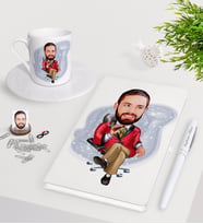 BK Gift Kişiye Özel Erkek Patron Karikatürlü Beyaz Defter Kalem Türk Kahvesi Fincanı Seti-2 (Model 1)