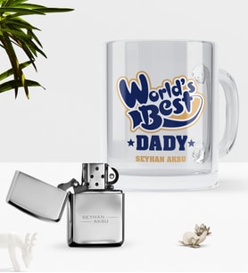 BK Gift Kişiye Özel Dünyanın En İyi Babası Cam Kupa Bardak Benzinli Metal Çakmak Seti-3 (Model 1)