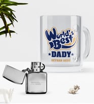 BK Gift Kişiye Özel Dünyanın En İyi Babası Cam Kupa Bardak Benzinli Metal Çakmak Seti-3 (Model 1)