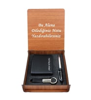 İsme Kişiye Özel Ahşap Kutulu Deri Cüzdan Anahtarlık ve Kalem Set (Siyah)