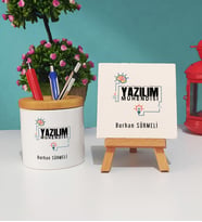 Yazılım Mühendisi Tasarımlı Kişiye Özel Hediye Yazılım Mühendisi Kalemlik ve Dekoratif Taş Baskı Seti