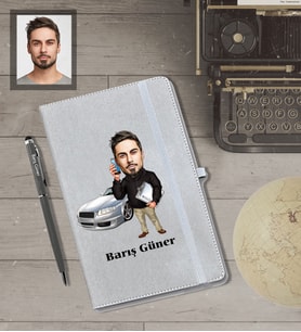 Kişiye Özel İş Adamı Karikatürlü Gri Defter Kalem Hediye Seti  Bay-20