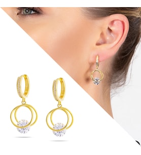 Starlight Diamond Tektaşlı Kalp Tasarım Gold Renk 925 Ayar Gümüş Sallantılı Küpe (Çok Renkli)