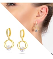 Starlight Diamond Tektaşlı Kalp Tasarım Gold Renk 925 Ayar Gümüş Sallantılı Küpe (Çok Renkli)