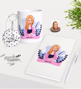 BK Gift Kişiye Özel Bayan Sınıf Öğretmeni Karikatürlü Kupa Anahtarlık Beyaz Defter Kalem Hediye Seti-2 (Model 1)