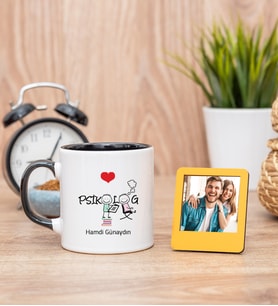 Psikolog Siyah Kupa Bardak ve Sarı Mini Fotoğraf Çerçevesi