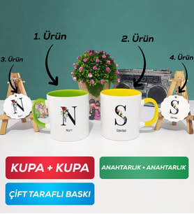 İkili Yeşil Sarı Kişiye Özel Baş Harf ve İsim Yazılı Kupa Bardak Anahtarlık Hediye Seti
