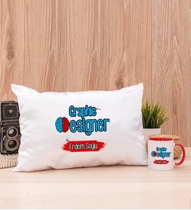 Grafiker Dikdörtgen Yastık ve Kırmızı Kupa Bardak