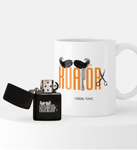 BK Gift Kişiye Özel Erkek Kuaförü Temalı Çakmak ve Kupa Seti - 1