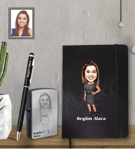 Kişiye Özel Öğretmen Karikatürlü  Siyah Defter Kalem Çakmak Hediye Seti  Bayan-9 (Model 1)