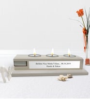 BK Gift Kişiye Özel Mesajlı Dekoratif 3’lü Doğal Ahşap Mumluk-Vintage Beyaz