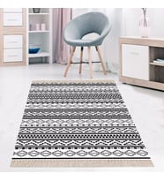 Geometrik Çizgi Desenli Dijital Baskı Yıkanabilir Kaymaz Taban Etnik Kilim Desen Salon Halı (Siyah - Beyaz)