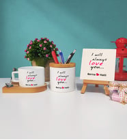 I Will Always Love You Tasarımlı Sevgiliye Sevgililer Günü Hediyesi Ahşap Altlıklı Fincan Kalemlik ve Dekoratif Taş Baskı Hediye Seti