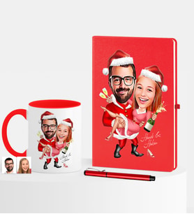 BK Gift Kişiye Özel Yılbaşı Sevgililer Karikatürlü Kırmızı Defter Kalem Kupa Seti - 2