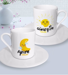 BK Gift Kişiye Özel Güneşim ve Ayım İkili Türk Kahvesi Fincanı Seti-5 (Beyaz)