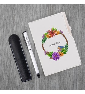 Kişiye Özel UV Baskılı Kuş Desenli  Beyaz Defter Roller Kalem Seti