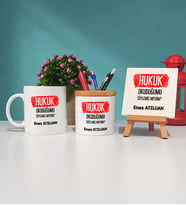Hukuk Okuduğumu Söylemiş Miydim Hukukçu Hediye Kupa Bardak Kalemlik ve Dekoratif Taş Baskı Seti