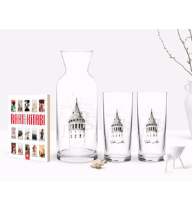 BK Gift Kişiye Özel Renkli Baskılı Galata Kulesi Tasarımlı İkili Rakı Bardağı Karaf ve Cep Kitabı Hediye Seti-11 (Model 1)