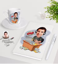 BK Gift Kişiye Özel Erkek Gamer Karikatürlü Beyaz Defter Kalem Türk Kahvesi Fincanı Seti-1 (Model 1)