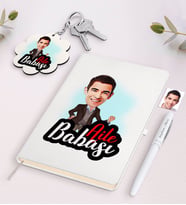 BK Gift Kişiye Özel Aile Babası Karikatürlü Beyaz Defter Kalem ve Anahtarlık Hediye Seti (Model 1)