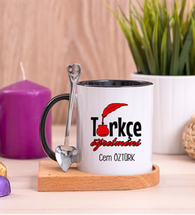 Türkçe Öğretmeni Ahşap Altlıklı Siyah Kupa Bardak