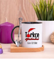 Türkçe Öğretmeni Ahşap Altlıklı Siyah Kupa Bardak