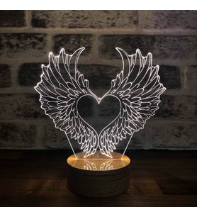 By Lamp 3 Boyutlu Kalp Kanatlar Led Masa Lambası Ahşap Taban 7 Farklı Işık Renkli