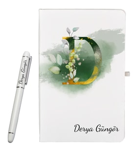 Kjişiye Özel Hazırlanmış Harf Tasarımlı Hediye Defter ve Roller Kalem Seti