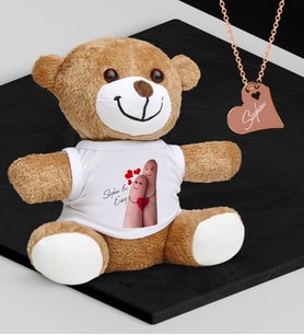 BK Gift Kişiye Özel Sevgililer Temalı Peluş Ayıcık ve Rose Kalp Kolye Set - 86