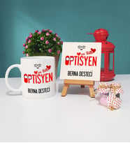 Mesajlı Optisyen Tasarımlı Kişiye Özel Optisyen Kupa Bardak ve Dekoratif Taş Baskı Hediye Seti