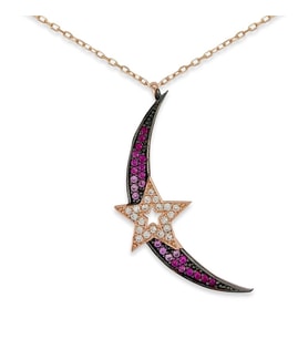 Pembe Zirkon Taşlı Hilal ile Beyaz Zirkon Taşlı Yıldızlı Rose Kaplama Gümüş Bayan Hayalet Kolye (Beyaz-Pembe)