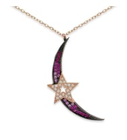 Pembe Zirkon Taşlı Hilal ile Beyaz Zirkon Taşlı Yıldızlı Rose Kaplama Gümüş Bayan Hayalet Kolye (Beyaz-Pembe)