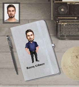 Kişiye Özel Erkek Karikatürlü Gri Defter Kalem Hediye Seti  Model-7
