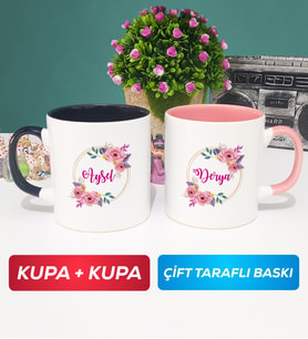 İkili Kişiye Özel İsim Yazılı Çiçek Tasarımlı Kupa Bardak Siyah Pembe