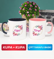 İkili Kişiye Özel İsim Yazılı Çiçek Tasarımlı Kupa Bardak Siyah Pembe
