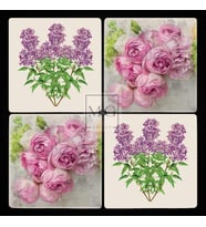 4'lü Uv Baskılı Doğal Taş Bardak Altı 10 cm x 10 cm Leylak ve Gül Desenli