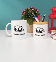 Uykucu Panda Tasarımlı Kişiye Özel Hediye Panda Kupa Bardak ve Kalemlik Hediye Seti