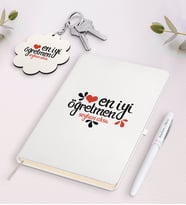 BK Gift Kişiye Özel En İyi Öğretmen Beyaz Defter Kalem Ve Anahtarlık Hediye Seti-6 (Model 1)