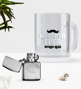 BK Gift Kişiye Özel Kahraman Baba Cam Kupa Bardak Benzinli Çakmak Seti-2 (Model 1)
